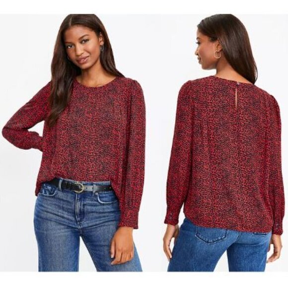 LOFT | Women's Red Leopard Print Pleated Ruffle Cuff Blouse - Size XS - Picture 1 of 14